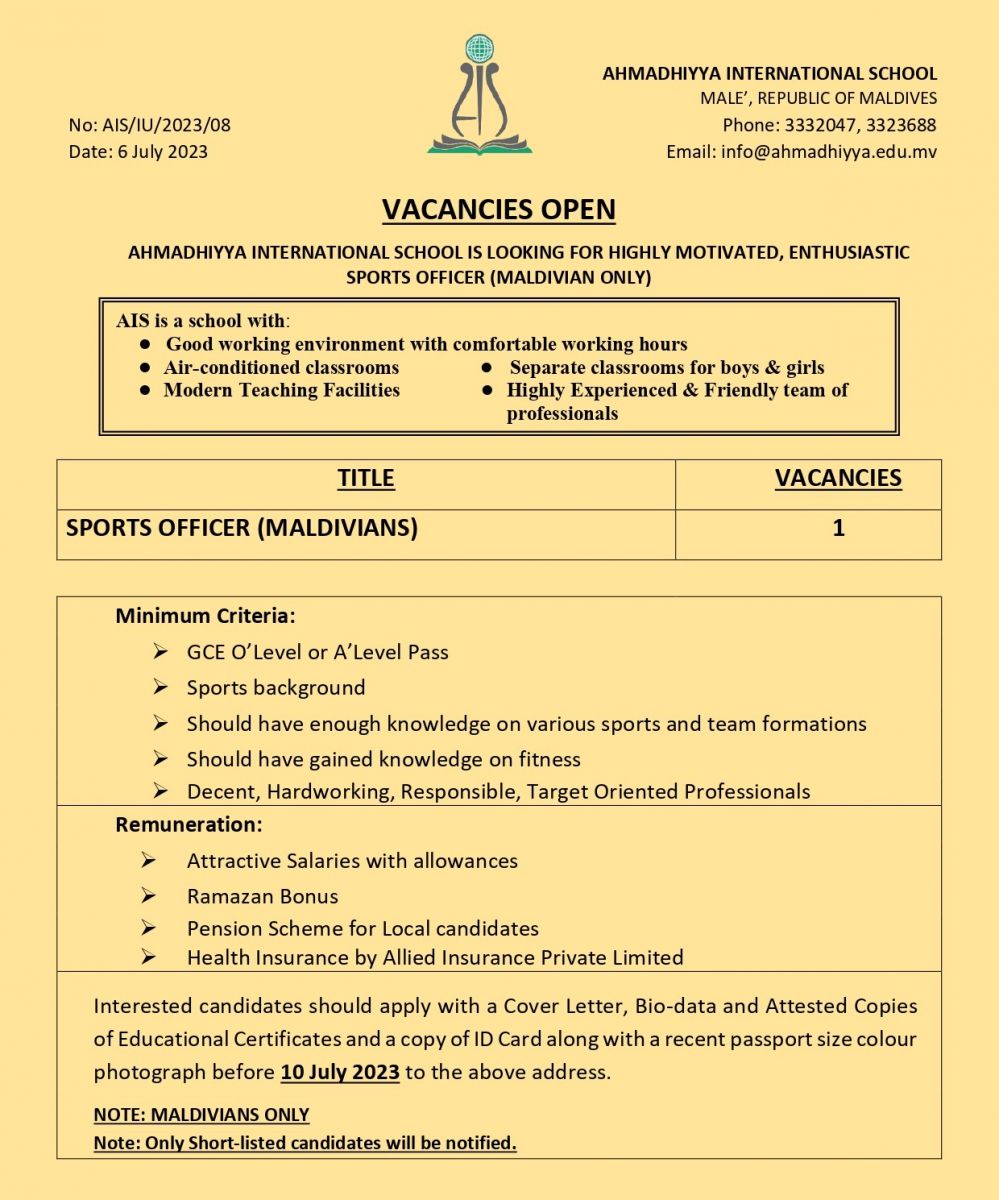 Vacancy for Sports Officer - Ahmadhiyya International School